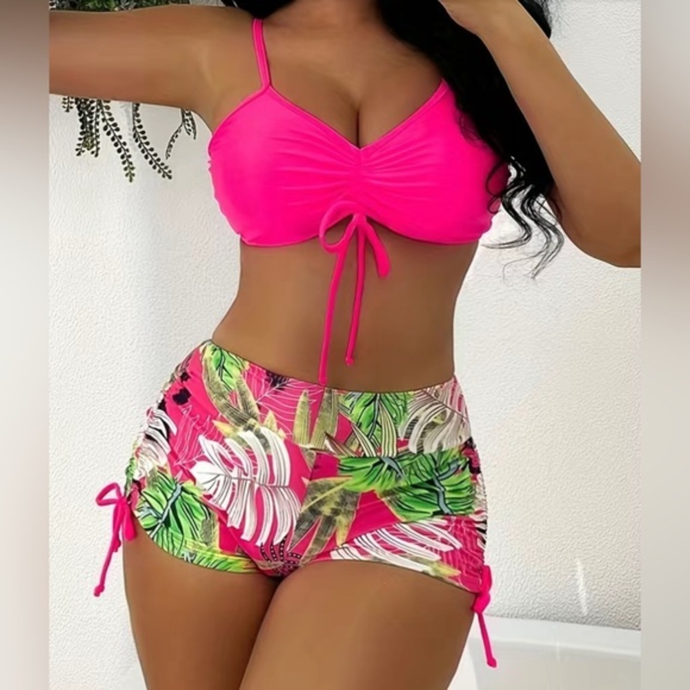 New! Hot Pink Tropical Print 2 Piece Bikini Set Swim Suit Drawstring Sz 12/14